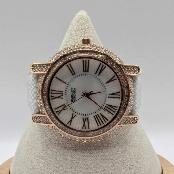 Badgley Mischka Women's Watch Crystal Accents with White Genuine Leather Band - Picture 1 of 12